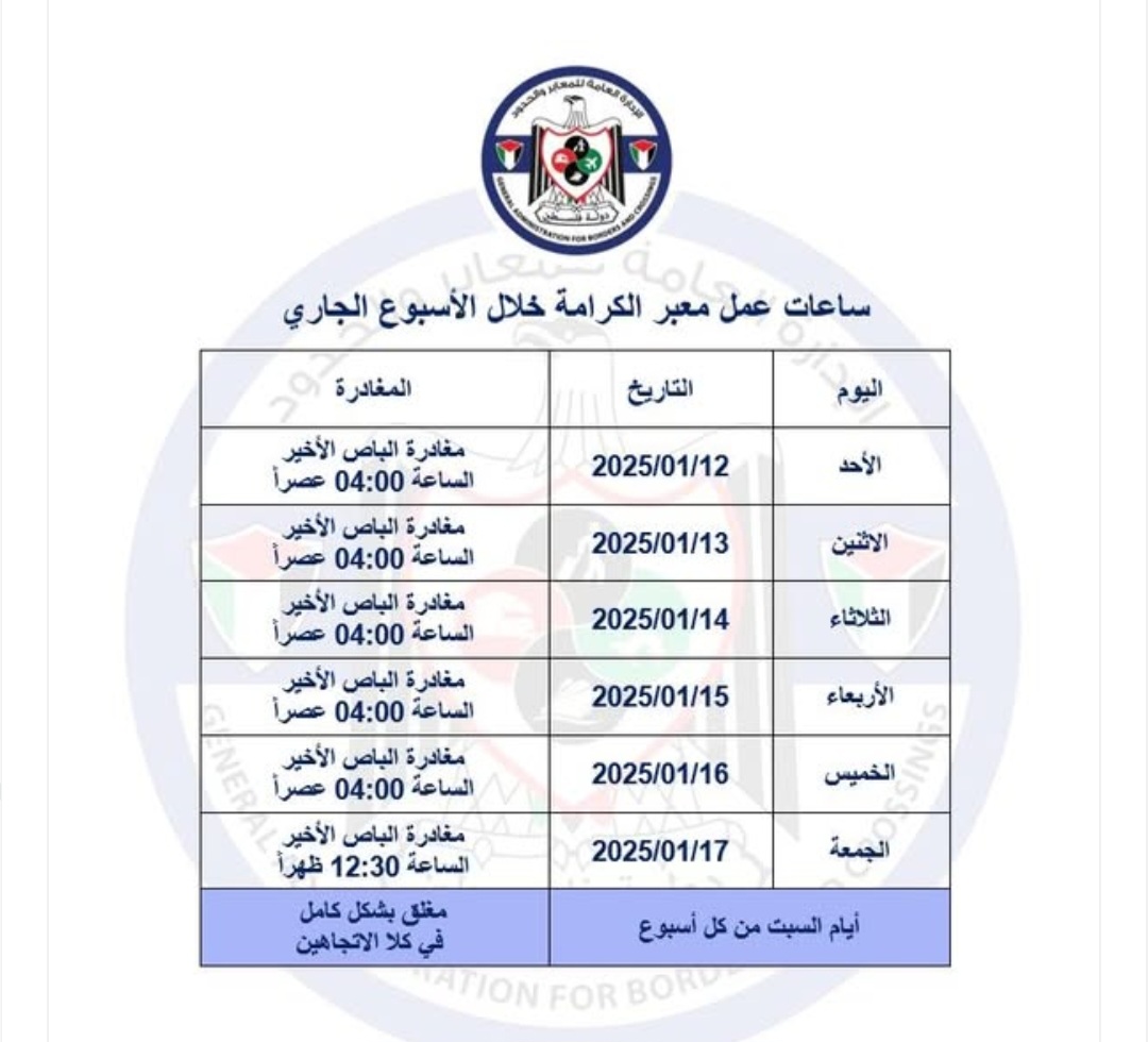 ساعات عمل معبر الكرامة خلال الأسبوع الجاري